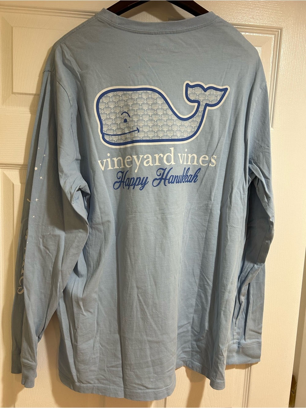Vineyard Vines Light Blue Long Sleeve with Whale "Happy Hanukkah"
